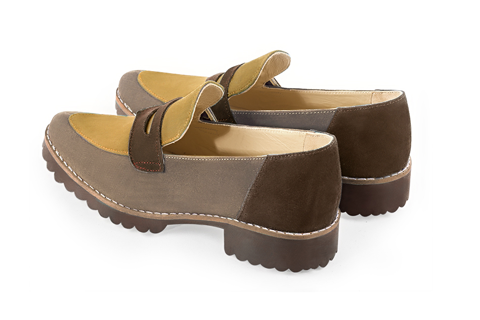 Tan beige, mustard yellow and chocolate brown women's casual loafers. Round toe. Flat rubber soles. Rear view - Florence KOOIJMAN